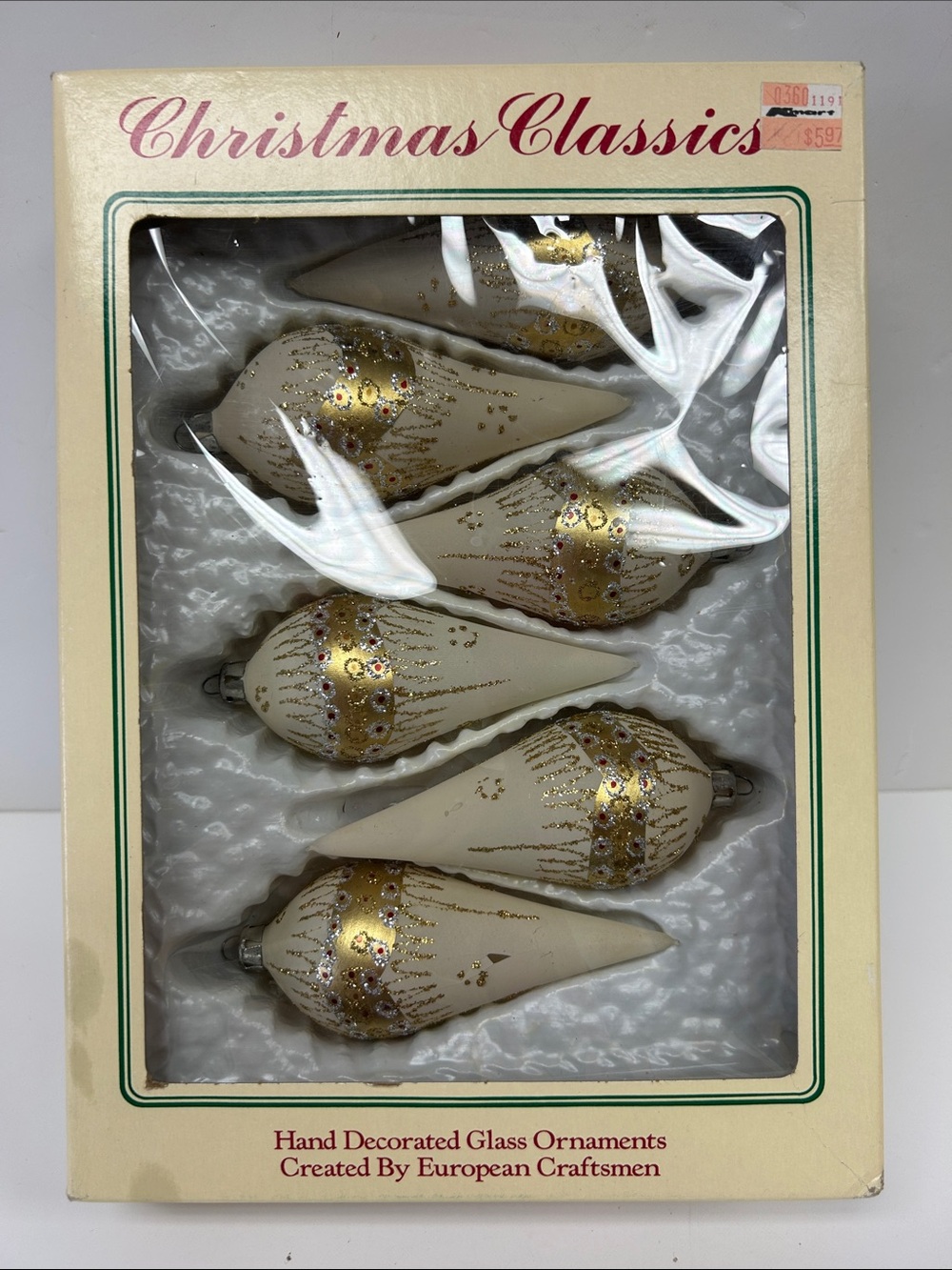 Vintage  “Christmas Classics” set of 6 hand decorated glass teardrop ornaments